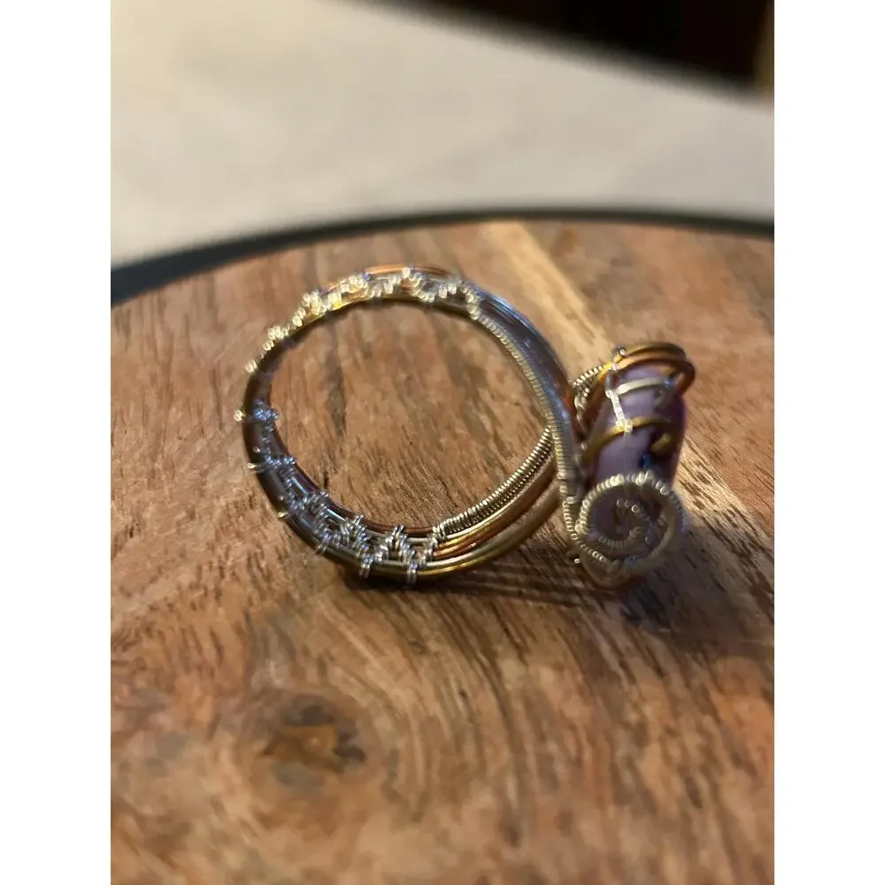 Handmade Pink Purple & Iridescent stone silver and copper wire ring